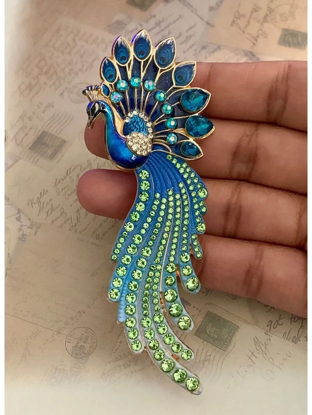 Sparkling Blue & Green Peacock Brooch with Rhinestones - Eye-Catching Accessory